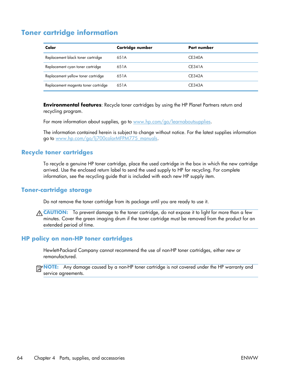 Toner cartridge information, Recycle toner cartridges, Toner-cartridge storage | Hp policy on non-hp toner cartridges | HP LaserJet Enterprise 700 color MFP M775 series User Manual | Page 78 / 332