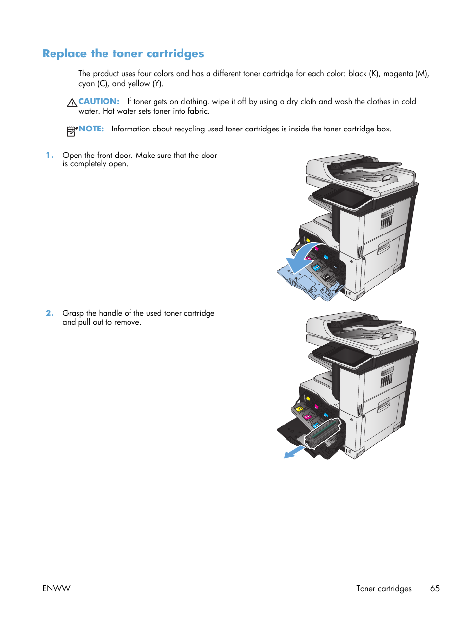 Replace the toner cartridges | HP LaserJet Enterprise 700 color MFP M775 series User Manual | Page 79 / 332