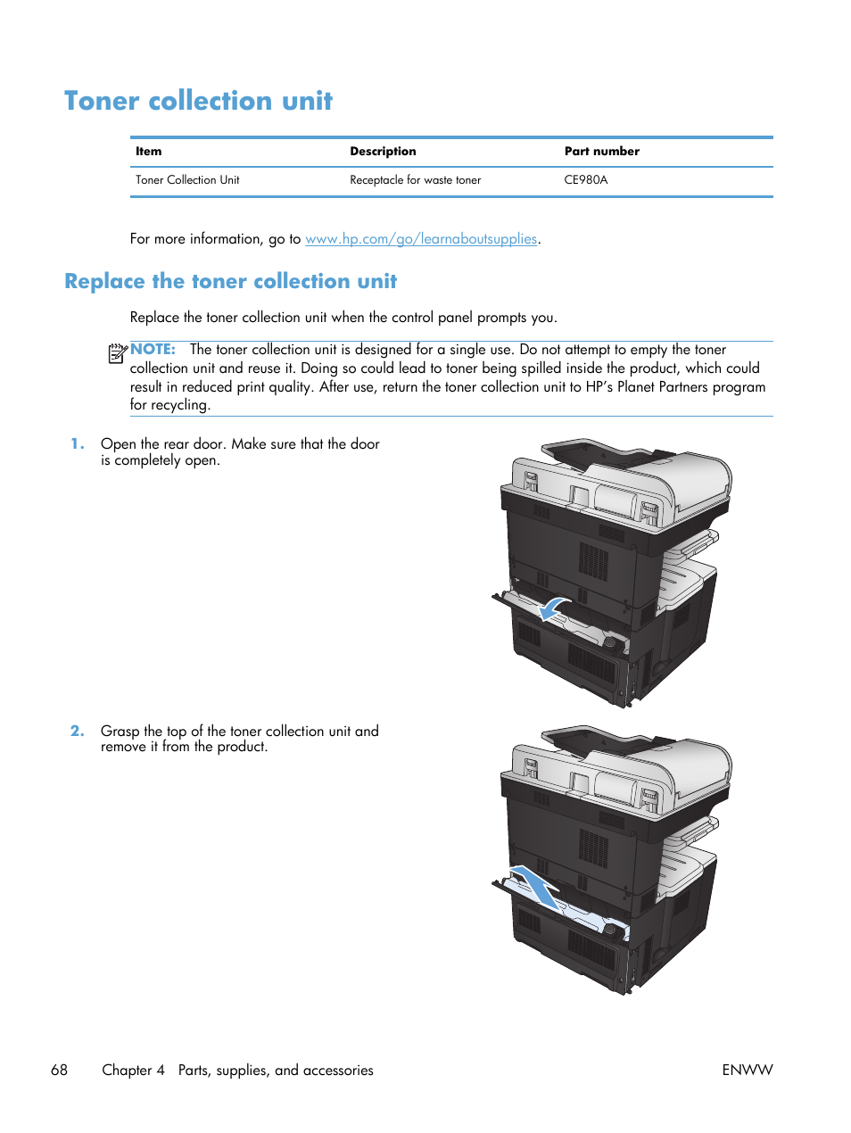 Toner collection unit, Replace the toner collection unit | HP LaserJet Enterprise 700 color MFP M775 series User Manual | Page 82 / 332