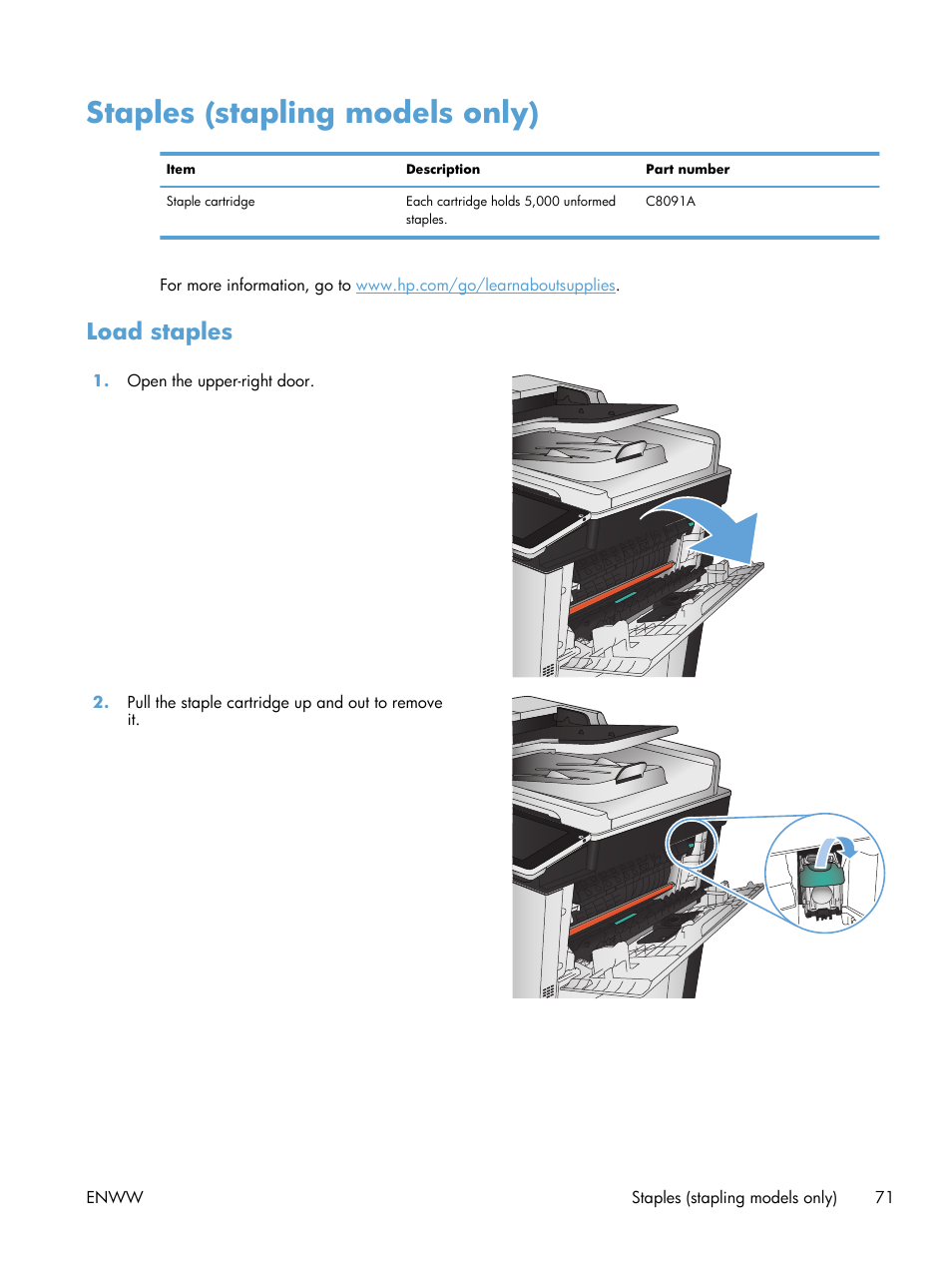 Staples (stapling models only), Load staples | HP LaserJet Enterprise 700 color MFP M775 series User Manual | Page 85 / 332