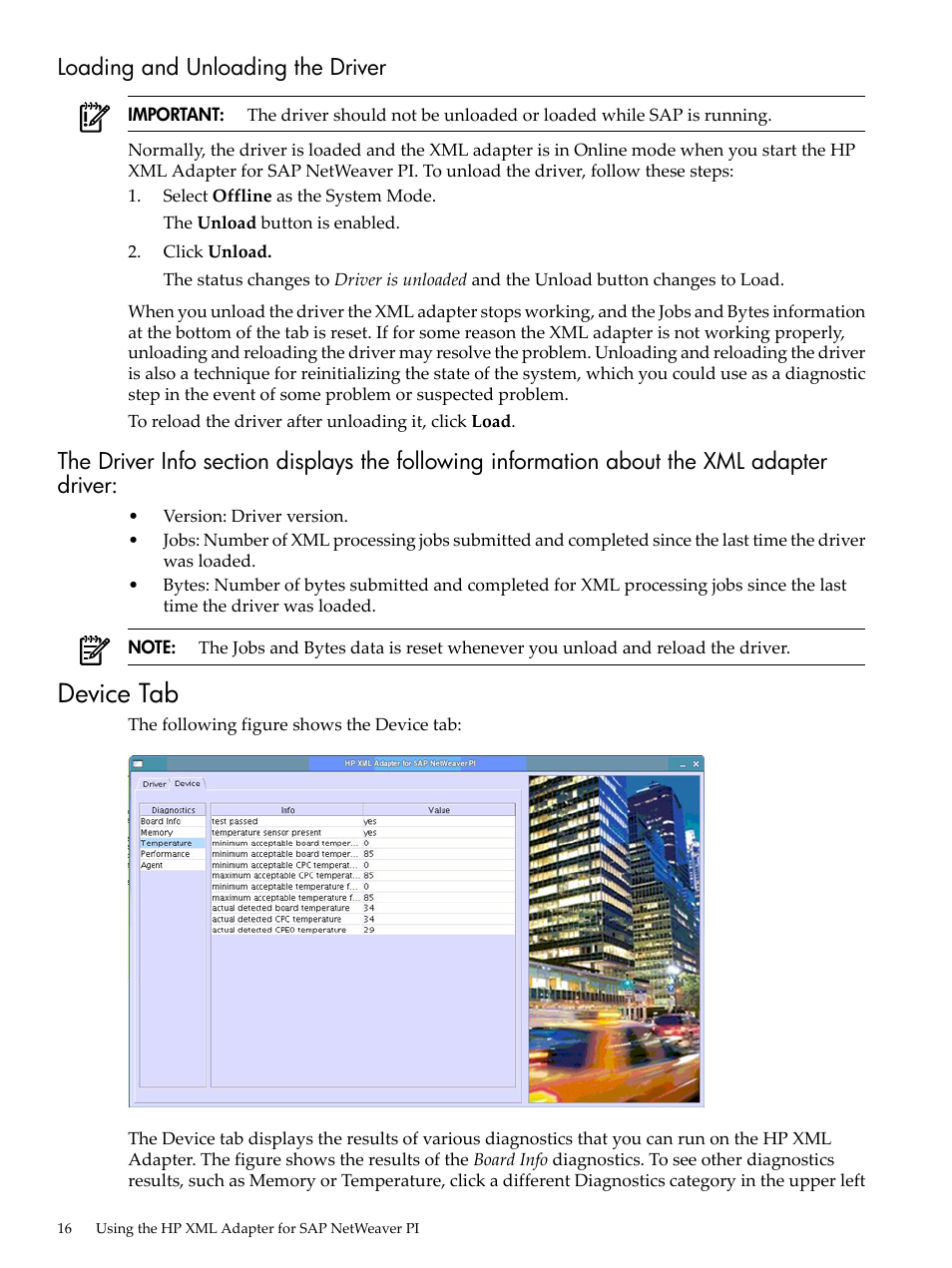 Loading and unloading the driver, Device tab | HP XML Accelerator for SAP NetWeaver Process Integration User Manual | Page 16 / 28