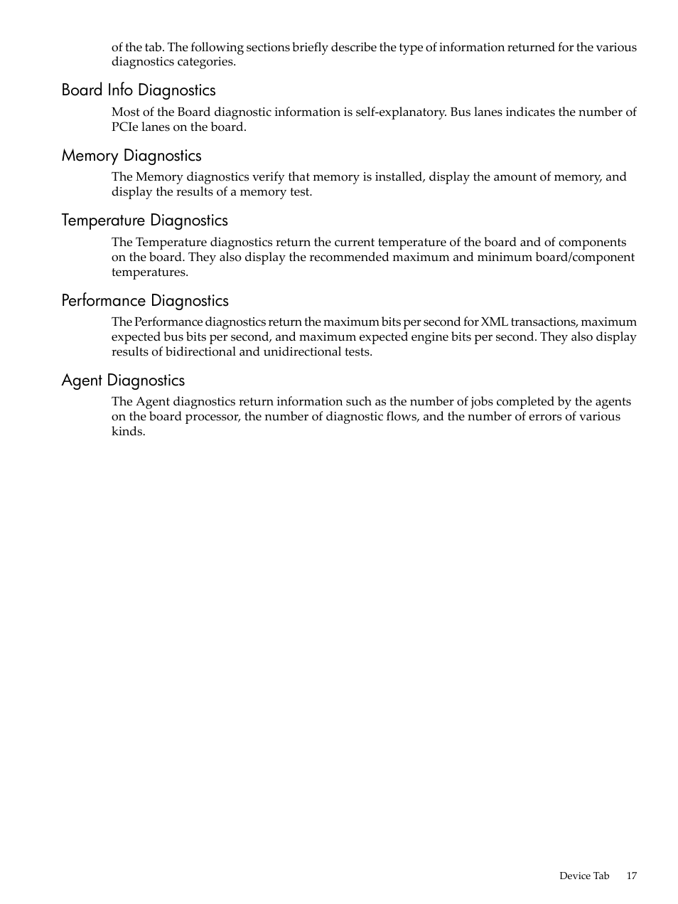 Board info diagnostics, Memory diagnostics, Temperature diagnostics | Performance diagnostics, Agent diagnostics | HP XML Accelerator for SAP NetWeaver Process Integration User Manual | Page 17 / 28