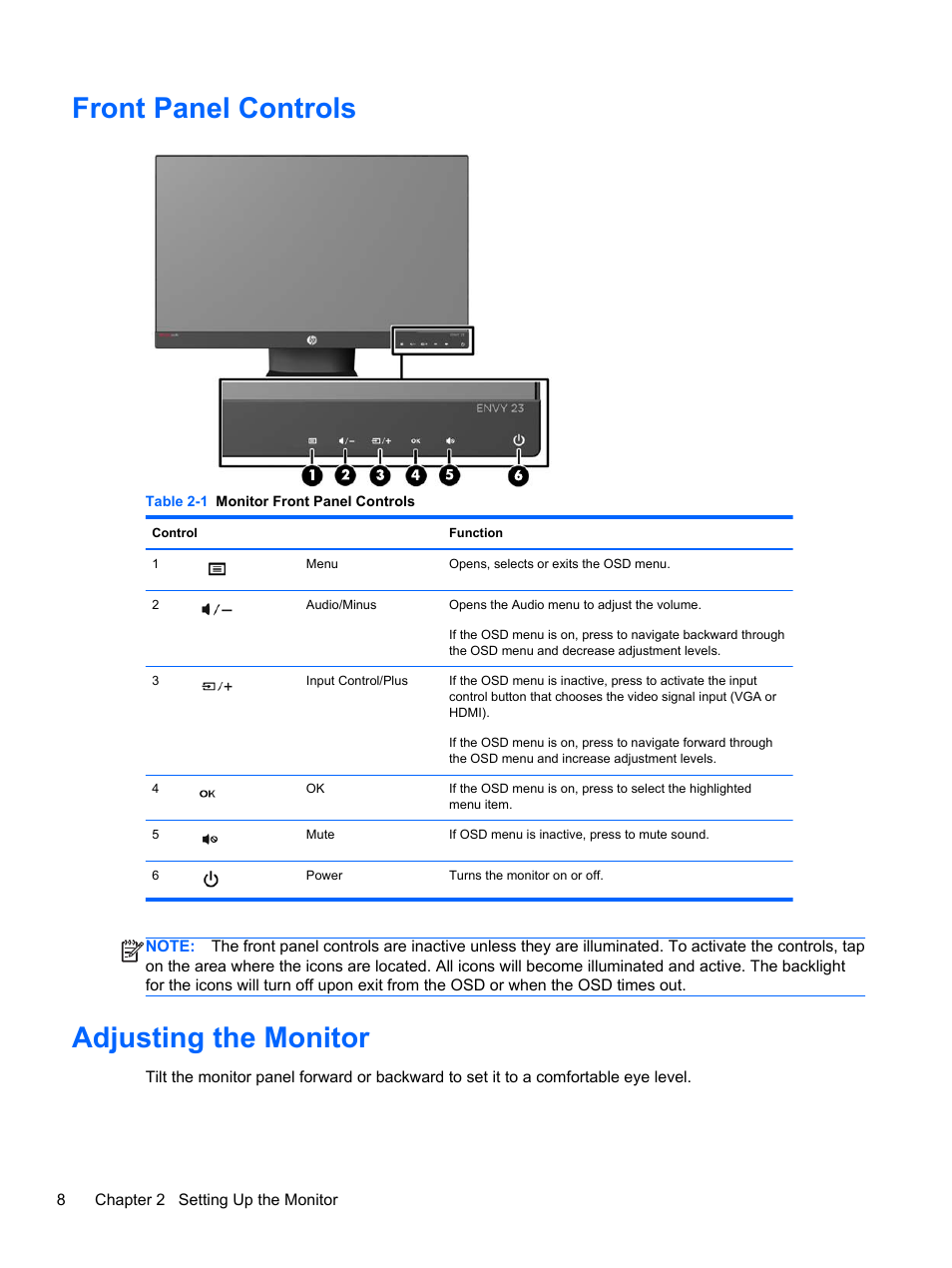 Front panel controls, Adjusting the monitor, Front panel controls adjusting the monitor | HP ENVY 23 23-inch Diagonal IPS LED Backlit Monitor User Manual | Page 14 / 24