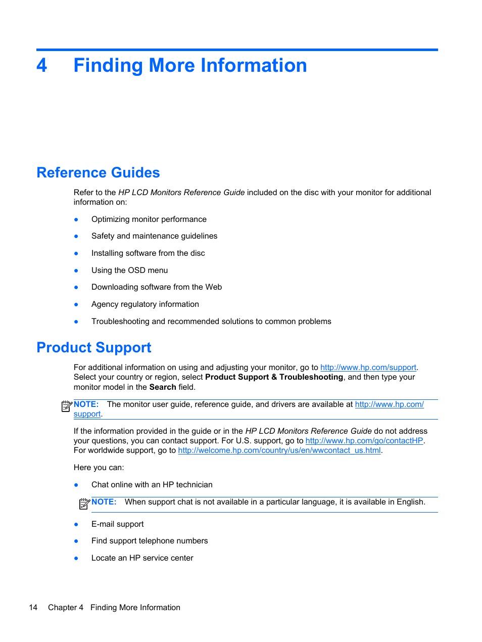 Finding more information, Reference guides, Product support | 4 finding more information, Reference guides product support, 4finding more information | HP ENVY 23 23-inch Diagonal IPS LED Backlit Monitor User Manual | Page 20 / 24