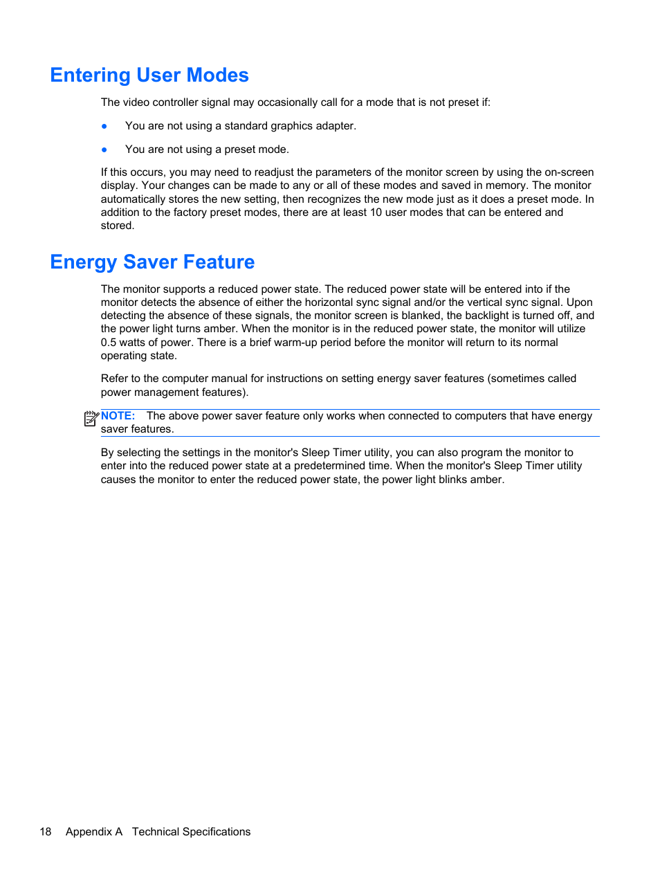 Entering user modes, Energy saver feature, Entering user modes energy saver feature | HP ENVY 23 23-inch Diagonal IPS LED Backlit Monitor User Manual | Page 24 / 24