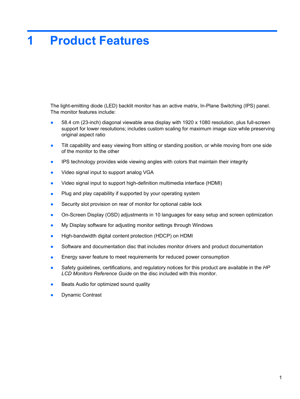 Product features, 1 product features, 1product features | HP ENVY 23 23-inch Diagonal IPS LED Backlit Monitor User Manual | Page 7 / 24