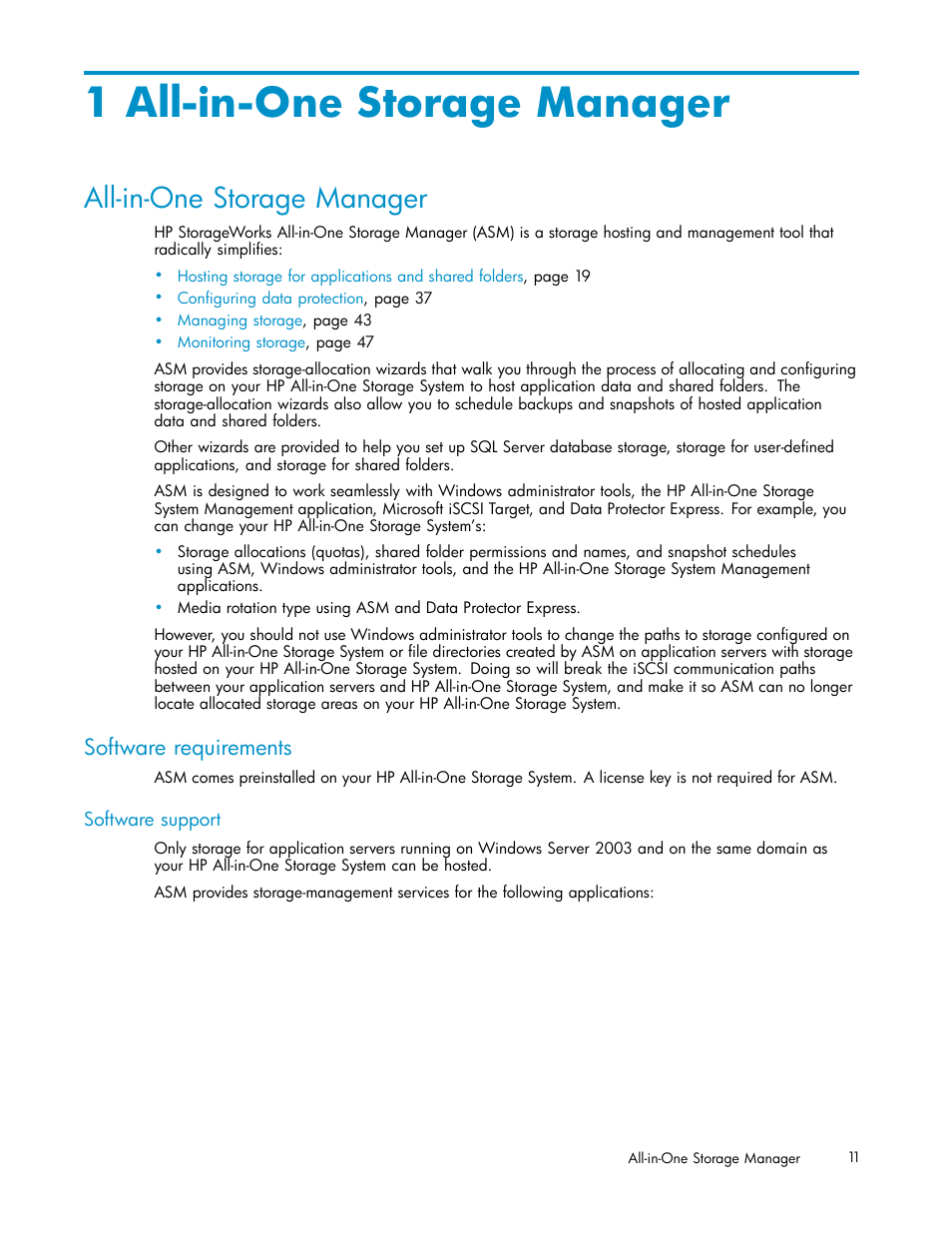 1 all-in-one storage manager, All-in-one storage manager, Software requirements | Software support | HP StorageWorks All-in-One SB600c Storage Blade User Manual | Page 11 / 78