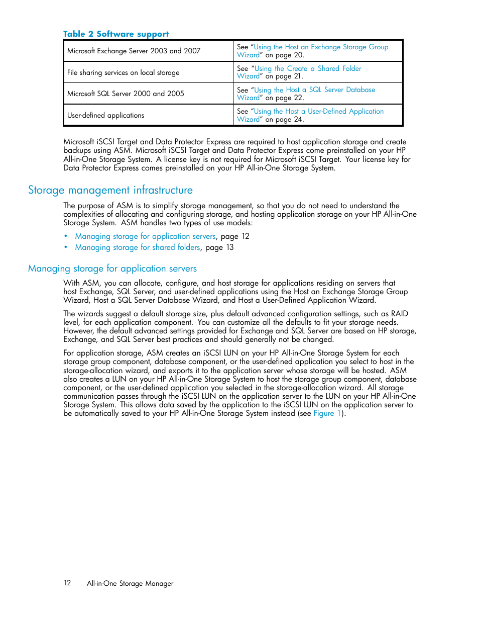 Storage management infrastructure, Managing storage for application servers, 2 software support | HP StorageWorks All-in-One SB600c Storage Blade User Manual | Page 12 / 78