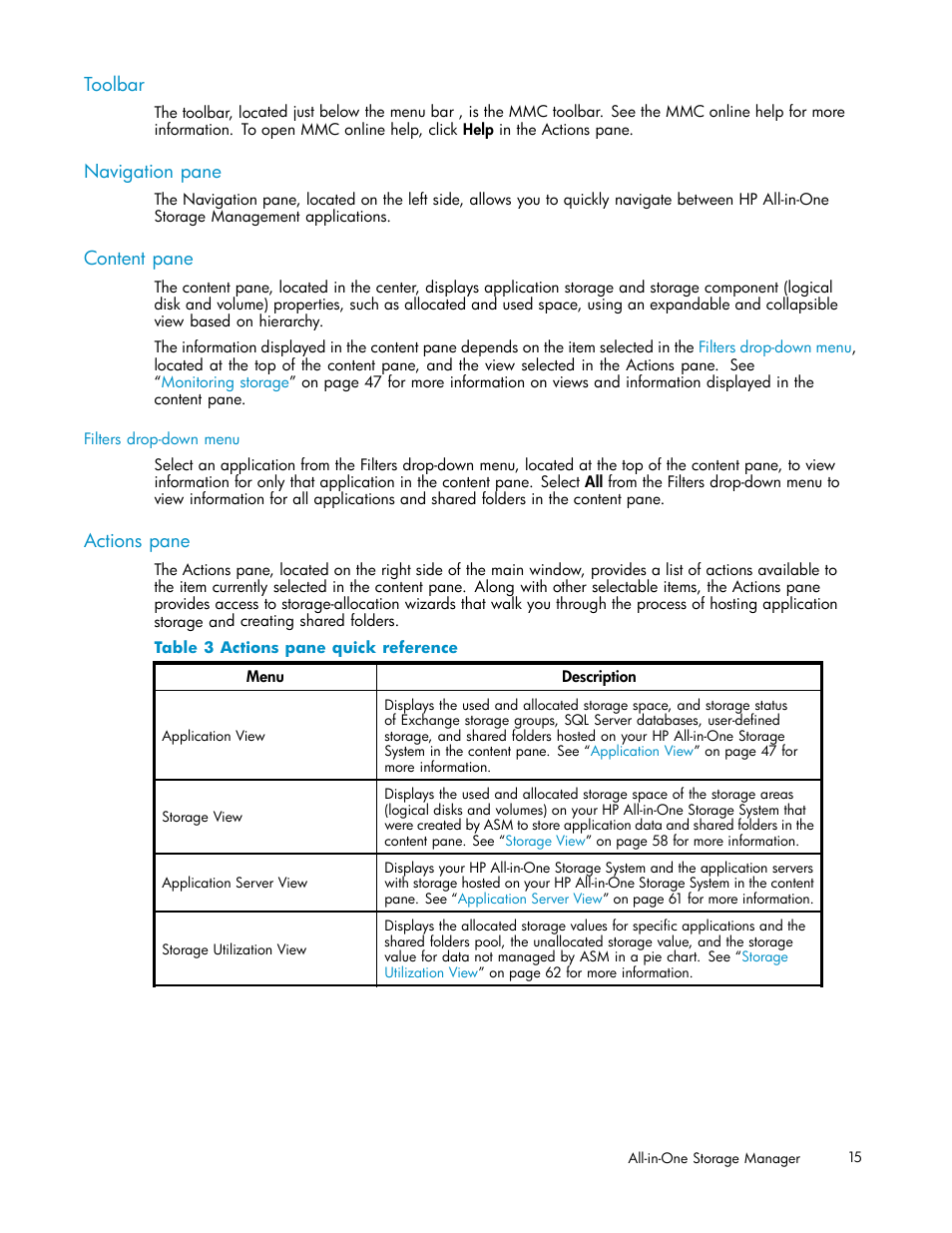 Toolbar, Navigation pane, Content pane | Actions pane, 3 actions pane quick reference | HP StorageWorks All-in-One SB600c Storage Blade User Manual | Page 15 / 78