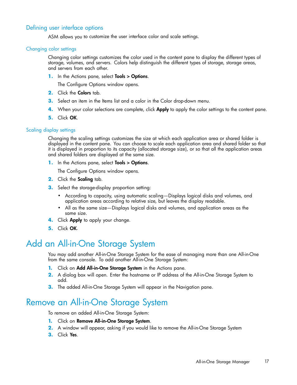 Defining user interface options, Add an all-in-one storage system, Remove an all-in-one storage system | HP StorageWorks All-in-One SB600c Storage Blade User Manual | Page 17 / 78