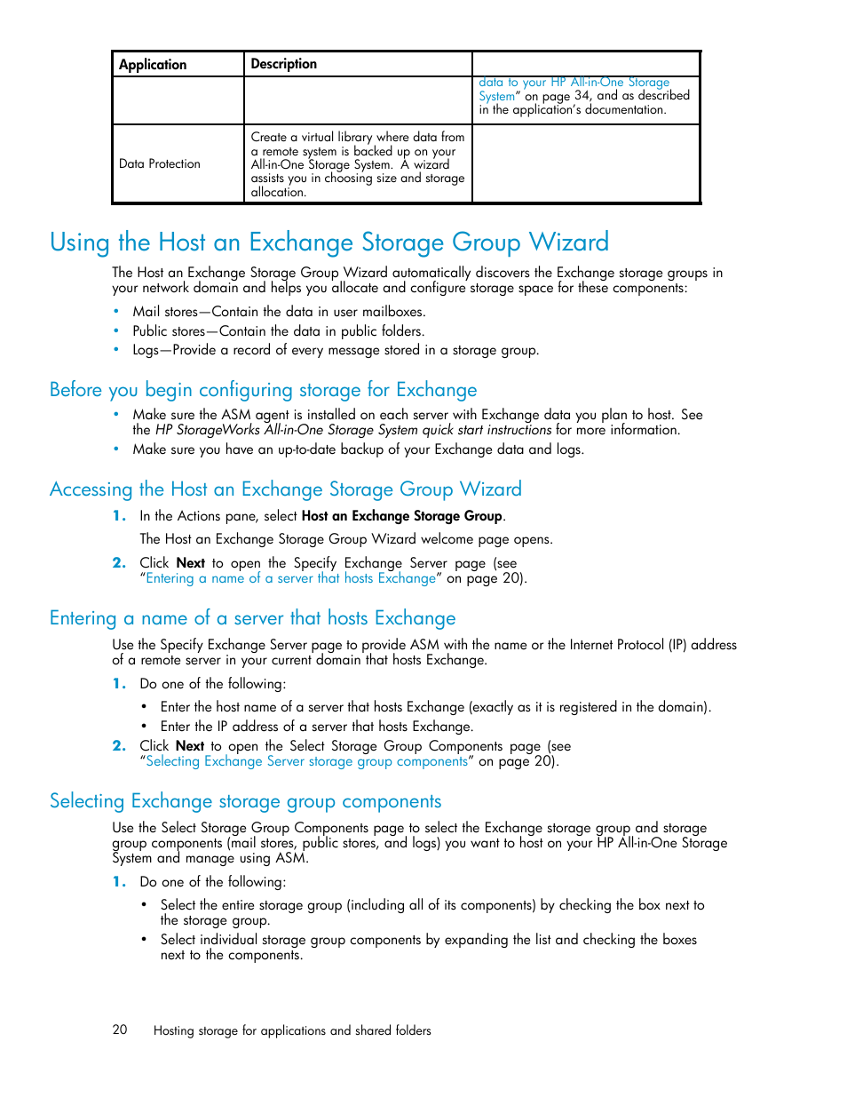 Using the host an exchange storage group wizard, Entering a name of a server that hosts exchange, Selecting exchange storage group components | Using the host an exchange storage group, Wizard, Using the host an exchange, Storage group wizard, Before you begin configuring storage for exchange | HP StorageWorks All-in-One SB600c Storage Blade User Manual | Page 20 / 78