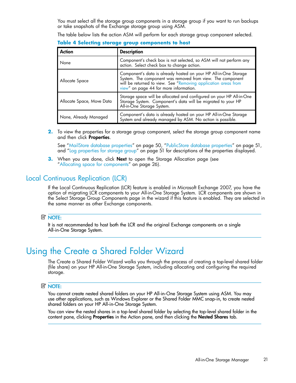 Local continuous replication (lcr), Using the create a shared folder wizard, 4 selecting storage group components to host | Using the create a shared folder, Wizard, Using the create, A shared folder wizard | HP StorageWorks All-in-One SB600c Storage Blade User Manual | Page 21 / 78