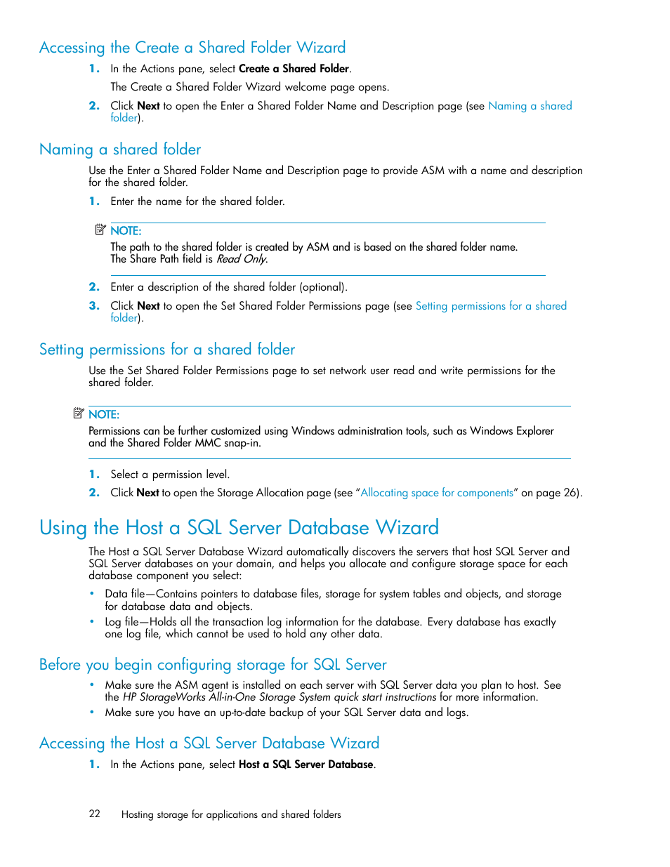 Naming a shared folder, Setting permissions for a shared folder, Using the host a sql server database wizard | Using the host a sql server database, Wizard, Accessing the create a shared folder wizard, Accessing the host a sql server database wizard | HP StorageWorks All-in-One SB600c Storage Blade User Manual | Page 22 / 78