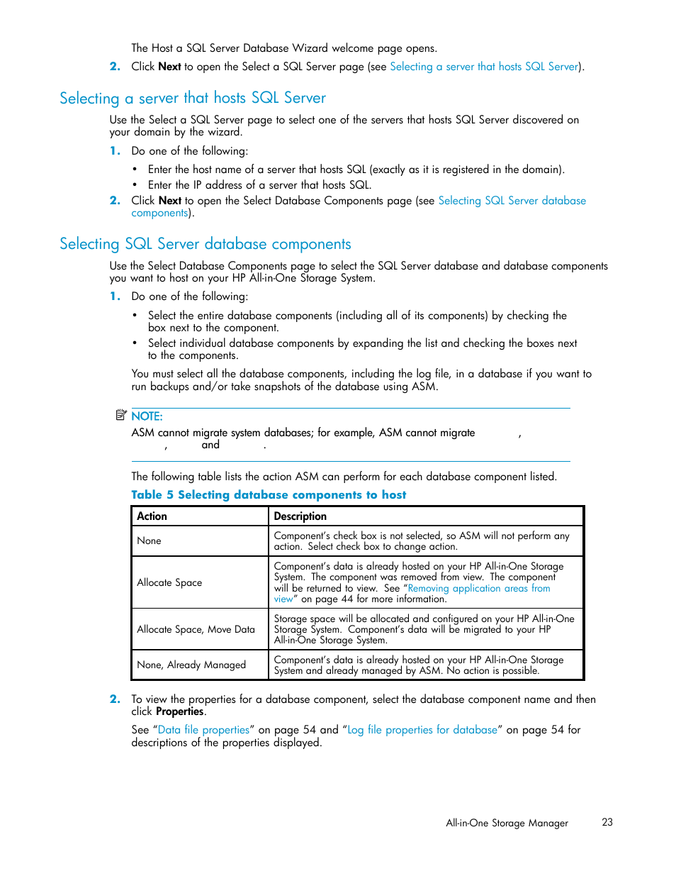 Selecting a server that hosts sql server, Selecting sql server database components, 5 selecting database components to host | HP StorageWorks All-in-One SB600c Storage Blade User Manual | Page 23 / 78