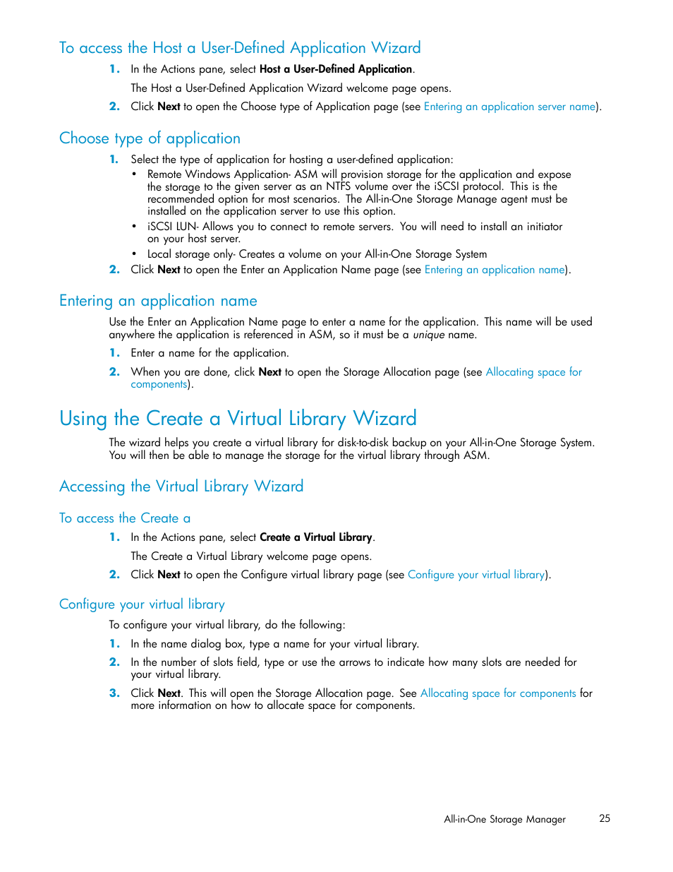 Choose type of application, Entering an application name, Using the create a virtual library wizard | Accessing the virtual library wizard, Configure your virtual library | HP StorageWorks All-in-One SB600c Storage Blade User Manual | Page 25 / 78