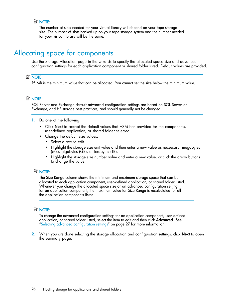Allocating space for components, Allocating space for, Components | HP StorageWorks All-in-One SB600c Storage Blade User Manual | Page 26 / 78