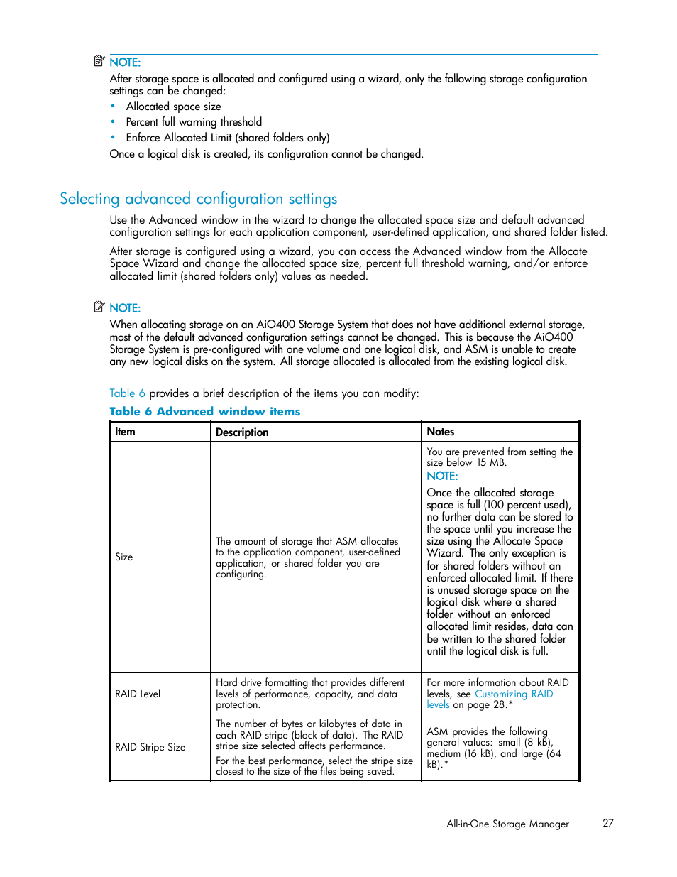 Selecting advanced configuration settings, 6 advanced window items, Table 6 | HP StorageWorks All-in-One SB600c Storage Blade User Manual | Page 27 / 78