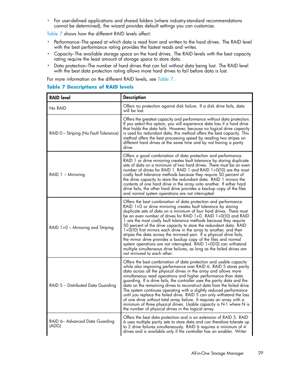 7 descriptions of raid levels, Table 7 | HP StorageWorks All-in-One SB600c Storage Blade User Manual | Page 29 / 78