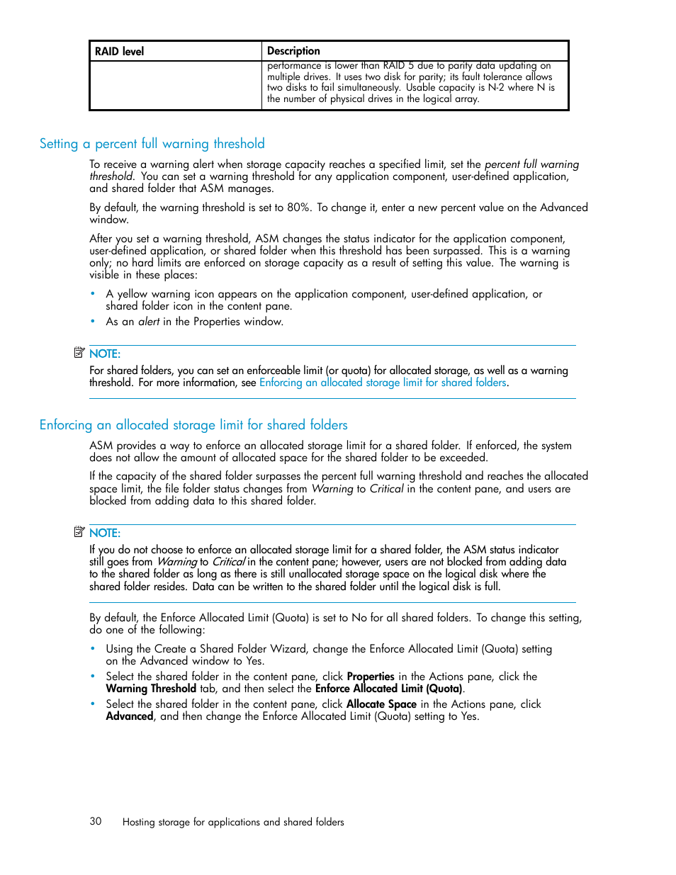 Setting a percent full, Warning threshold, Enforcing an | Allocated storage limit for shared, Folders | HP StorageWorks All-in-One SB600c Storage Blade User Manual | Page 30 / 78