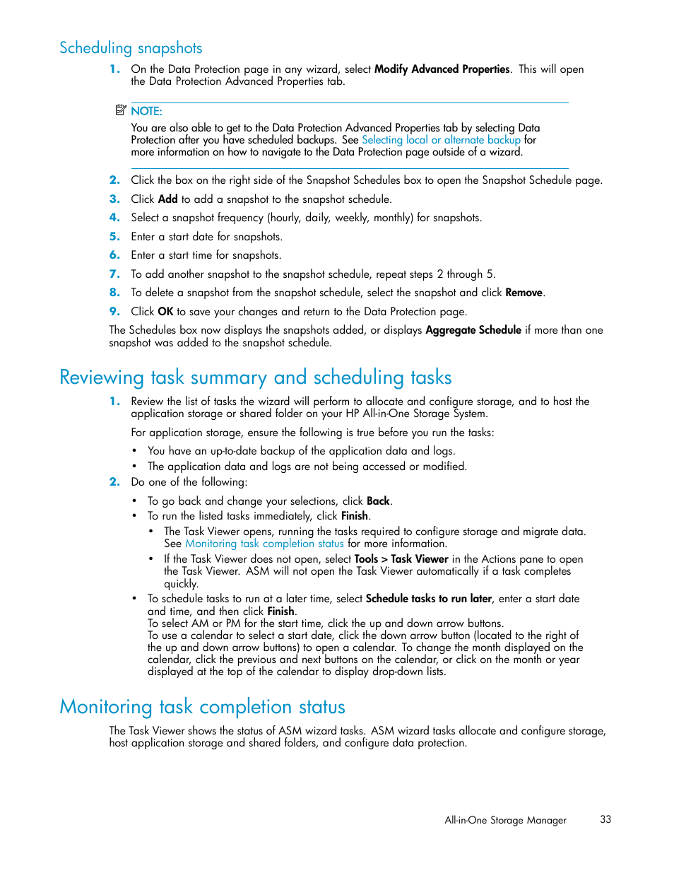 Reviewing task summary and scheduling tasks, Monitoring task completion status, Scheduling snapshots | HP StorageWorks All-in-One SB600c Storage Blade User Manual | Page 33 / 78