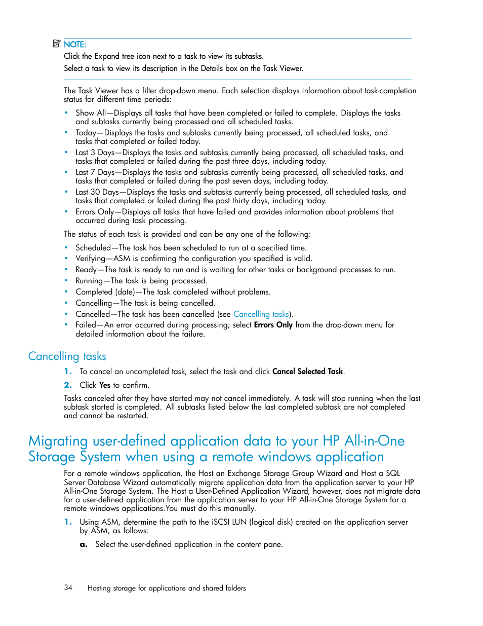 Cancelling tasks, Windows application, Migrating user-defined application | Data to your hp all-in-one storage, System | HP StorageWorks All-in-One SB600c Storage Blade User Manual | Page 34 / 78