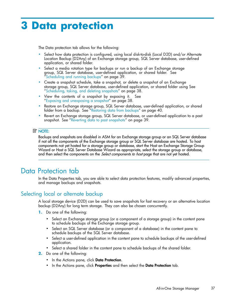 3 data protection, Data protection tab, Selecting local or alternate backup | Configuring data protection, Configuring data, Protection | HP StorageWorks All-in-One SB600c Storage Blade User Manual | Page 37 / 78