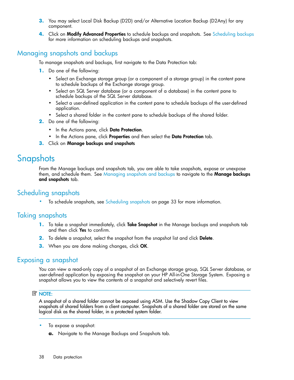 Managing snapshots and backups, Snapshots, Scheduling snapshots | Taking snapshots, Exposing a snapshot, Scheduling, taking, and deleting snapshots, Exposing and unexposing a snapshot | HP StorageWorks All-in-One SB600c Storage Blade User Manual | Page 38 / 78