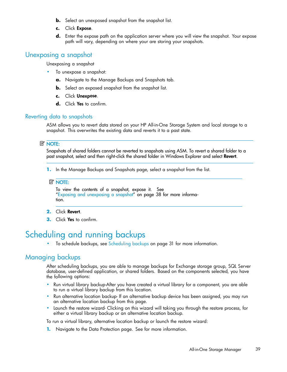 Unexposing a snapshot, Reverting data to snapshots, Scheduling and running backups | Managing backups, Reverting data to past snapshots | HP StorageWorks All-in-One SB600c Storage Blade User Manual | Page 39 / 78
