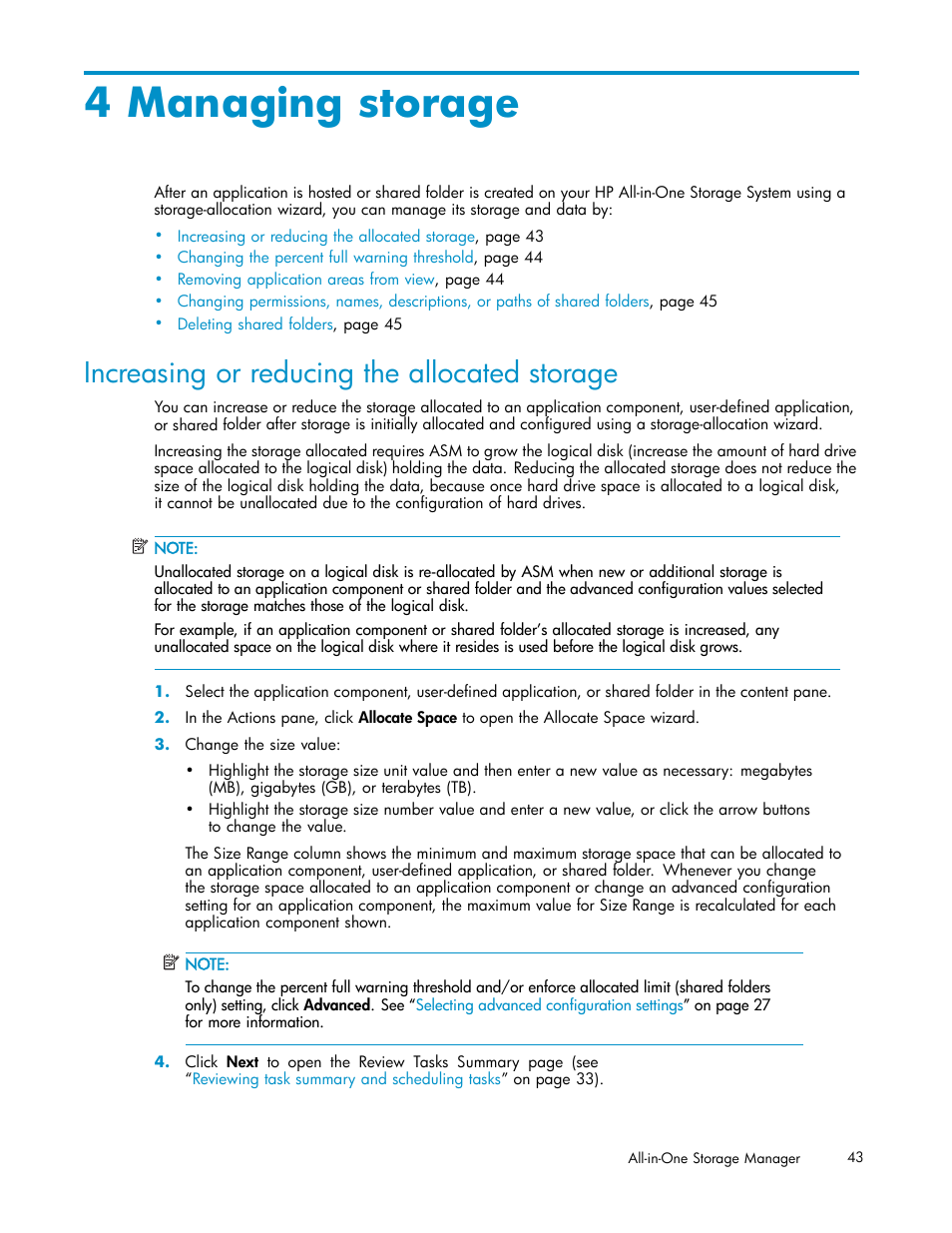 4 managing storage, Increasing or reducing the allocated storage, Managing storage | HP StorageWorks All-in-One SB600c Storage Blade User Manual | Page 43 / 78