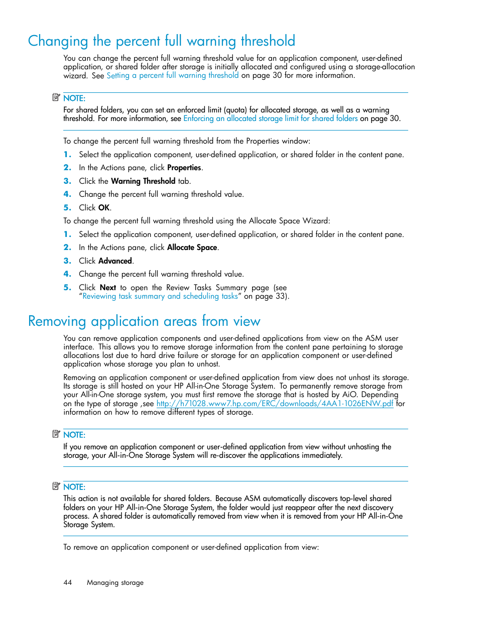 Changing the percent full warning threshold, Removing application areas from view, Removing application areas from | View | HP StorageWorks All-in-One SB600c Storage Blade User Manual | Page 44 / 78