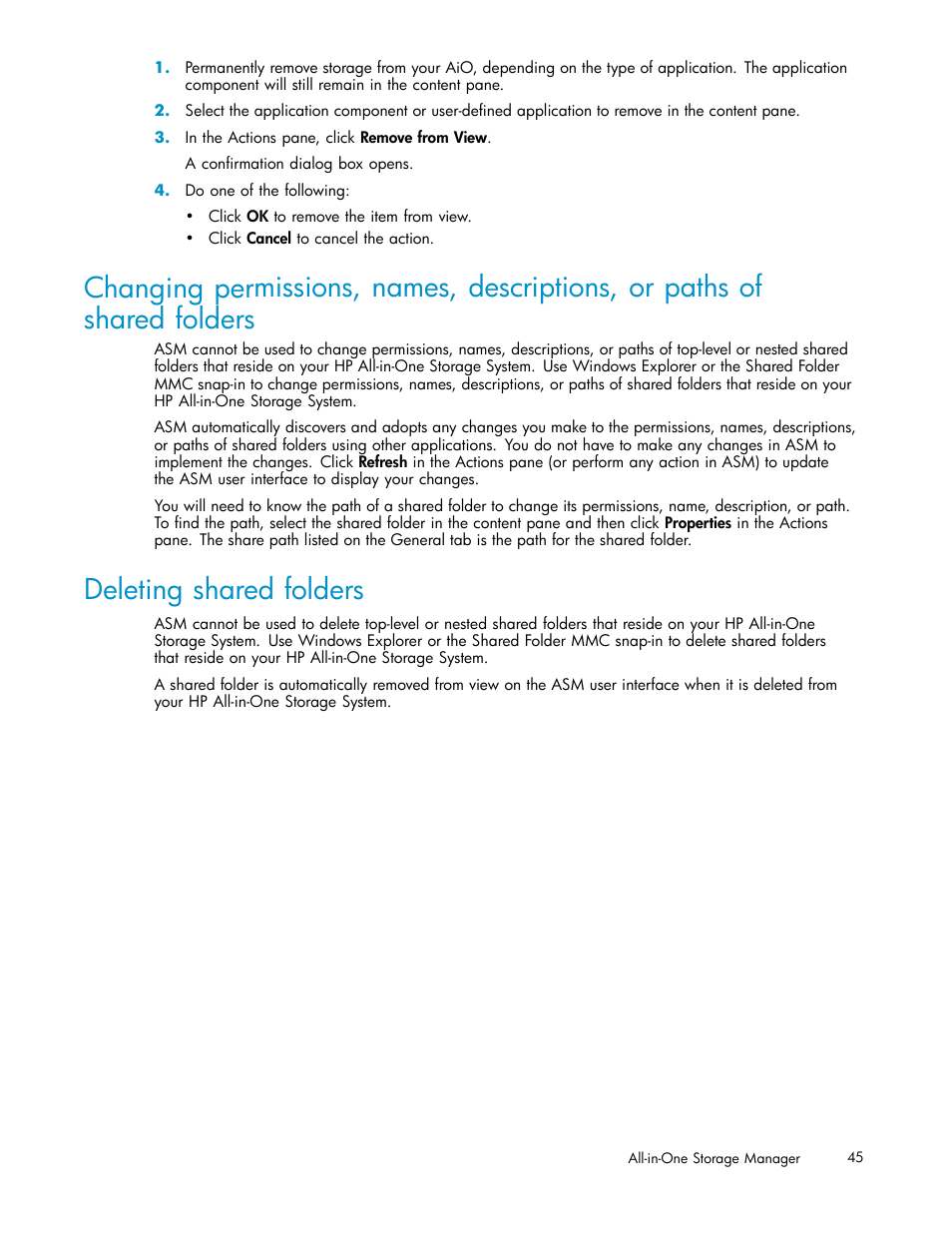 Deleting shared folders | HP StorageWorks All-in-One SB600c Storage Blade User Manual | Page 45 / 78
