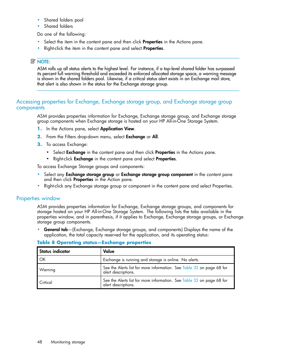 8 operating status—exchange properties | HP StorageWorks All-in-One SB600c Storage Blade User Manual | Page 48 / 78