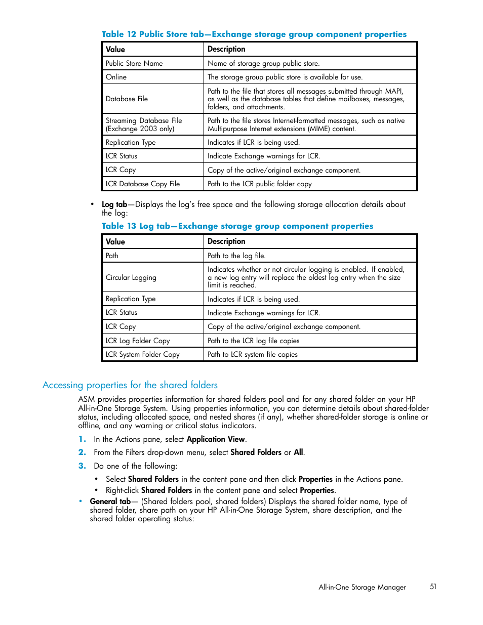 Publicstore database properties, Log properties for storage group, Accessing properties for the shared folders | HP StorageWorks All-in-One SB600c Storage Blade User Manual | Page 51 / 78