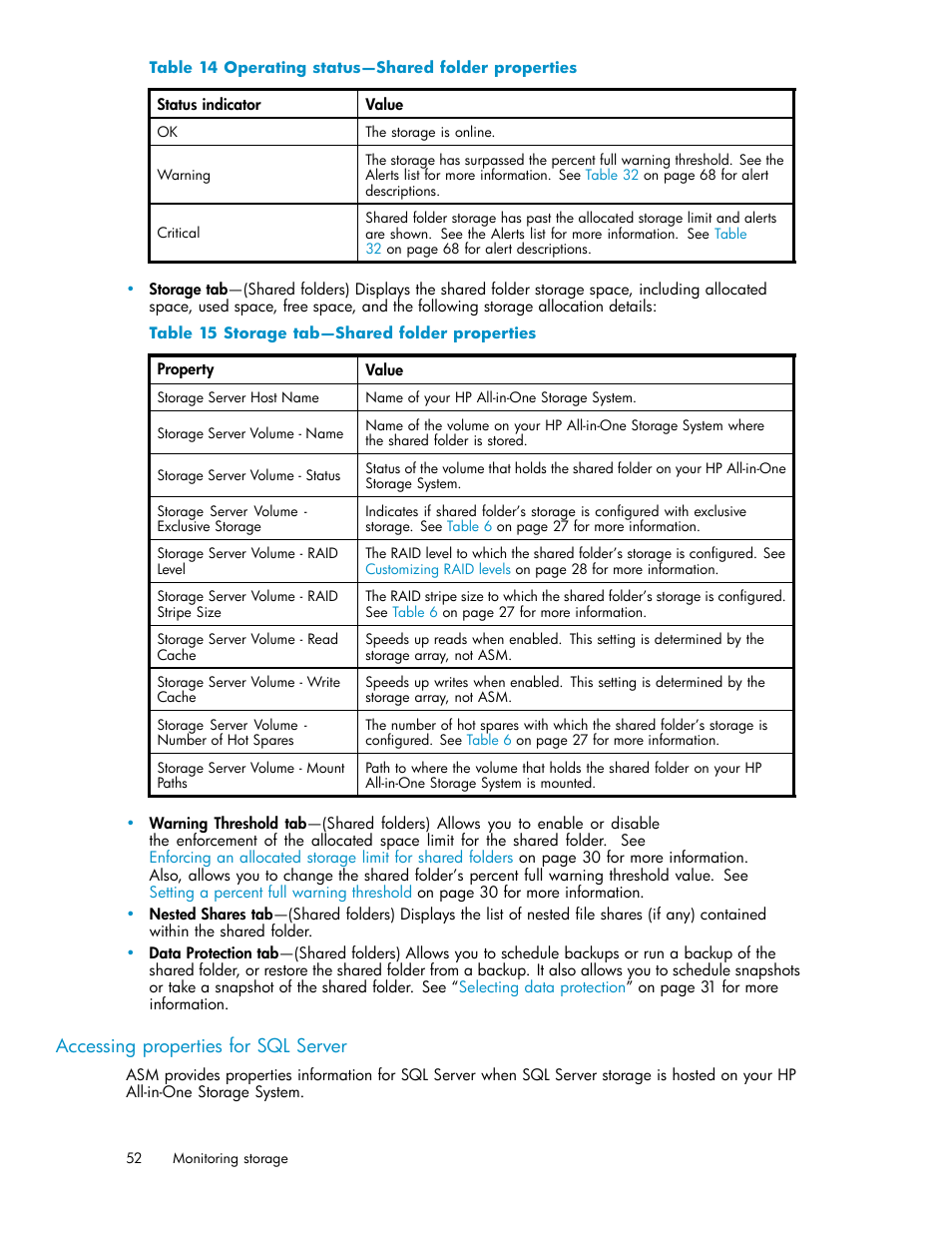 14 operating status—shared folder properties, 15 storage tab—shared folder properties, 23 storage tab—shared folder properties | 24 storage tab—shared folder properties, Accessing properties for sql server | HP StorageWorks All-in-One SB600c Storage Blade User Manual | Page 52 / 78