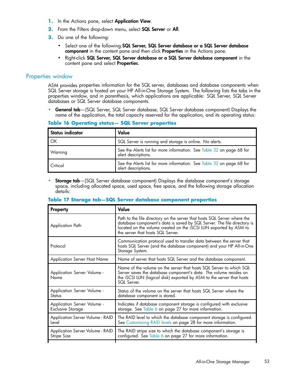 16 operating status— sql server properties, Properties window | HP StorageWorks All-in-One SB600c Storage Blade User Manual | Page 53 / 78