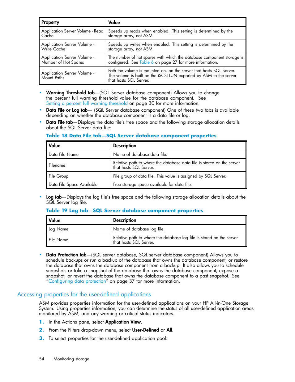Data file properties, Log file properties for database | HP StorageWorks All-in-One SB600c Storage Blade User Manual | Page 54 / 78