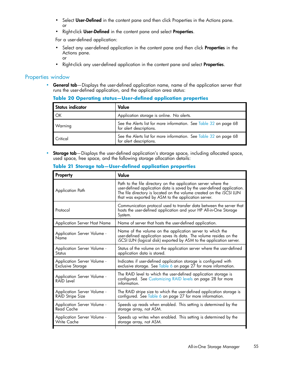 21 storage tab—user-defined application properties, Properties window | HP StorageWorks All-in-One SB600c Storage Blade User Manual | Page 55 / 78