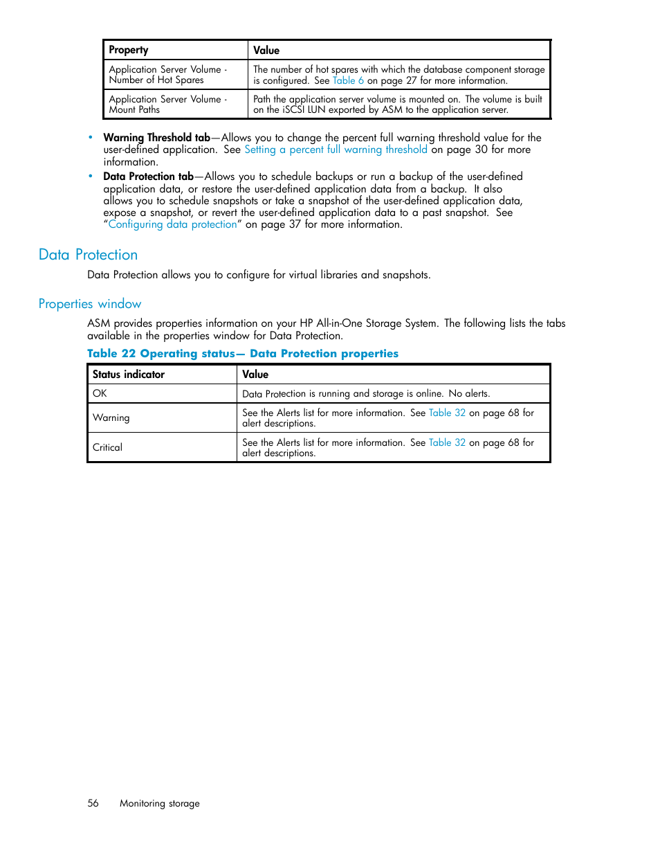 Data protection, 22 operating status— data protection properties, Properties window | HP StorageWorks All-in-One SB600c Storage Blade User Manual | Page 56 / 78