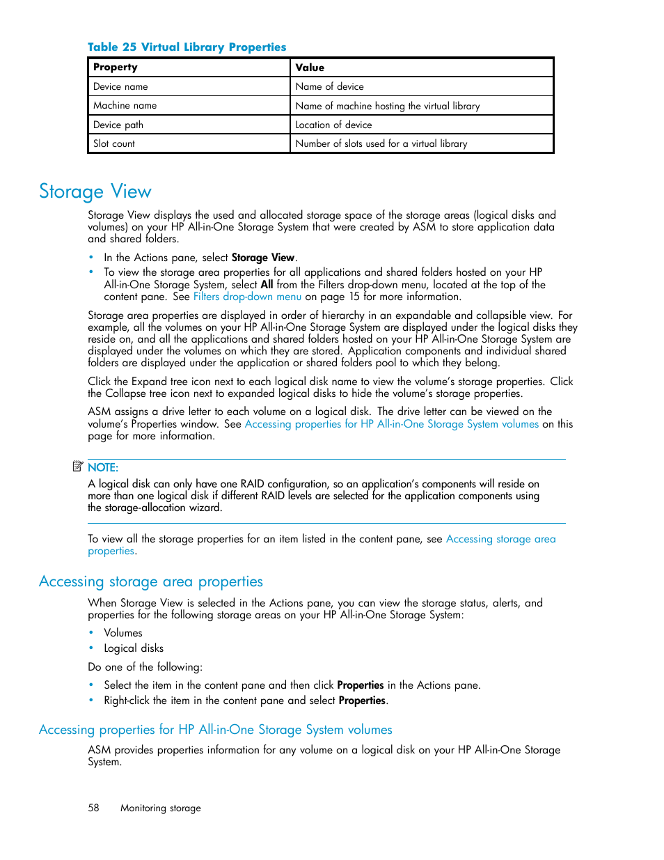 Storage view, Accessing storage area properties, 25 virtual library properties | Accessing storage, Area properties | HP StorageWorks All-in-One SB600c Storage Blade User Manual | Page 58 / 78