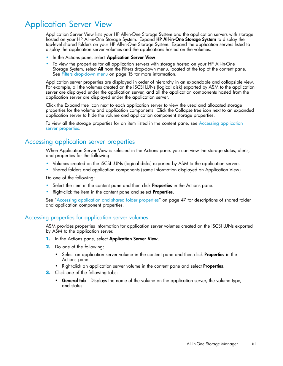 Application server view, Accessing application server properties, Accessing application server | Properties | HP StorageWorks All-in-One SB600c Storage Blade User Manual | Page 61 / 78