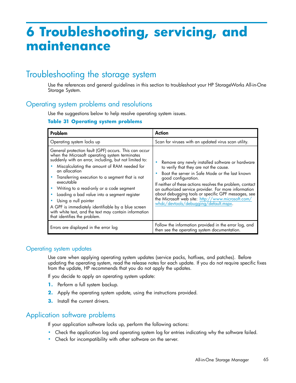 6 troubleshooting, servicing, and maintenance, Troubleshooting the storage system, Operating system problems and resolutions | Application software problems, 31 operating system problems | HP StorageWorks All-in-One SB600c Storage Blade User Manual | Page 65 / 78