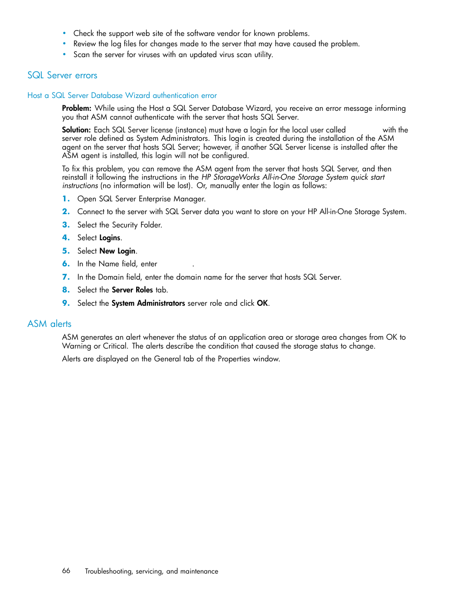 Sql server errors, Asm alerts | HP StorageWorks All-in-One SB600c Storage Blade User Manual | Page 66 / 78