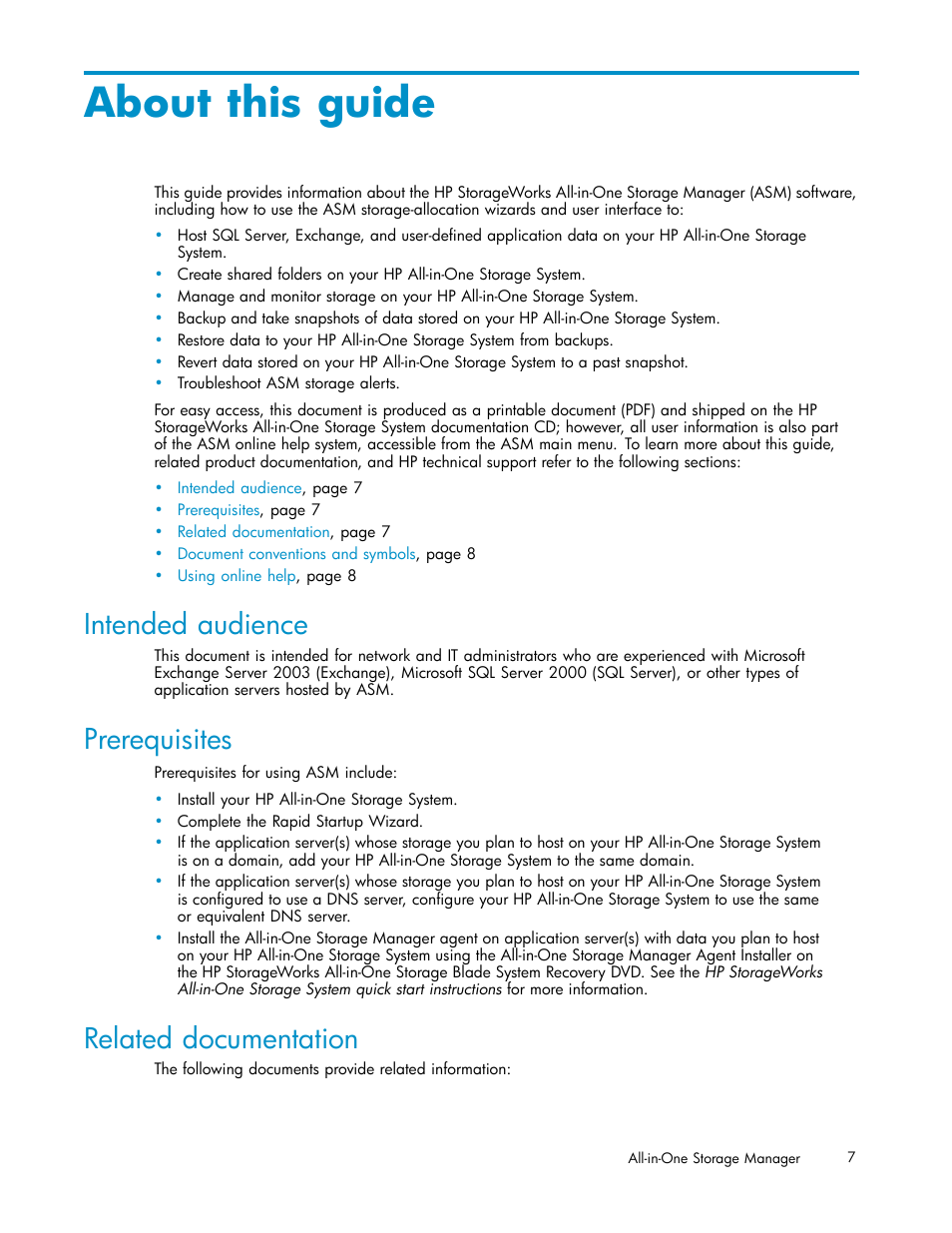 About this guide, Intended audience, Prerequisites | Related documentation | HP StorageWorks All-in-One SB600c Storage Blade User Manual | Page 7 / 78