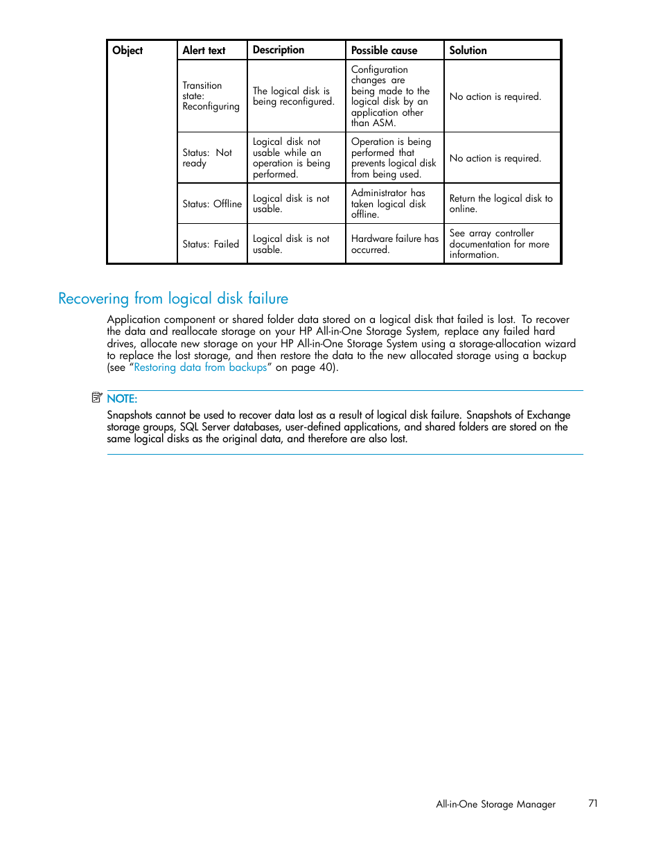 Recovering from logical disk failure, Recovering, From logical disk | Failure | HP StorageWorks All-in-One SB600c Storage Blade User Manual | Page 71 / 78