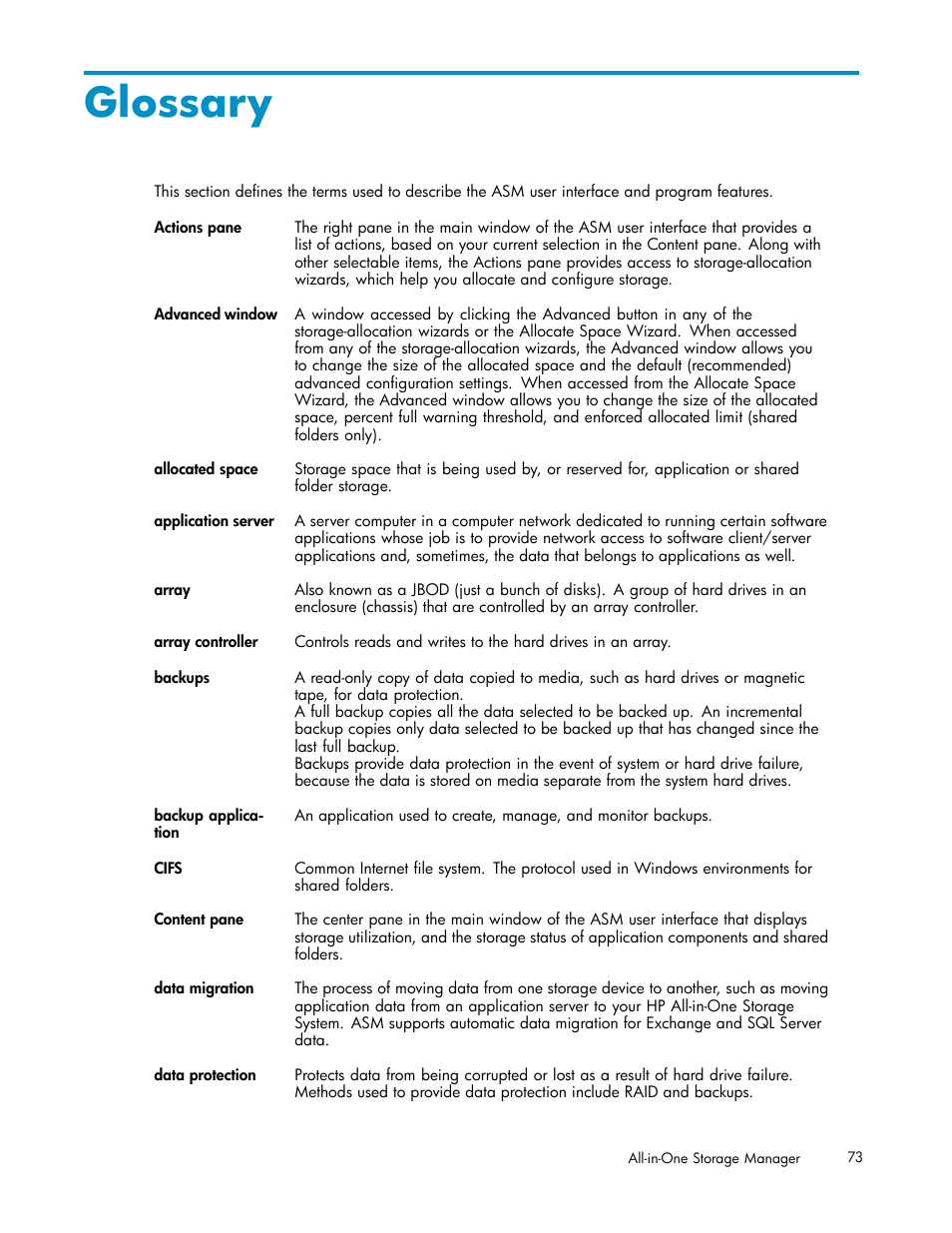 Glossary | HP StorageWorks All-in-One SB600c Storage Blade User Manual | Page 73 / 78