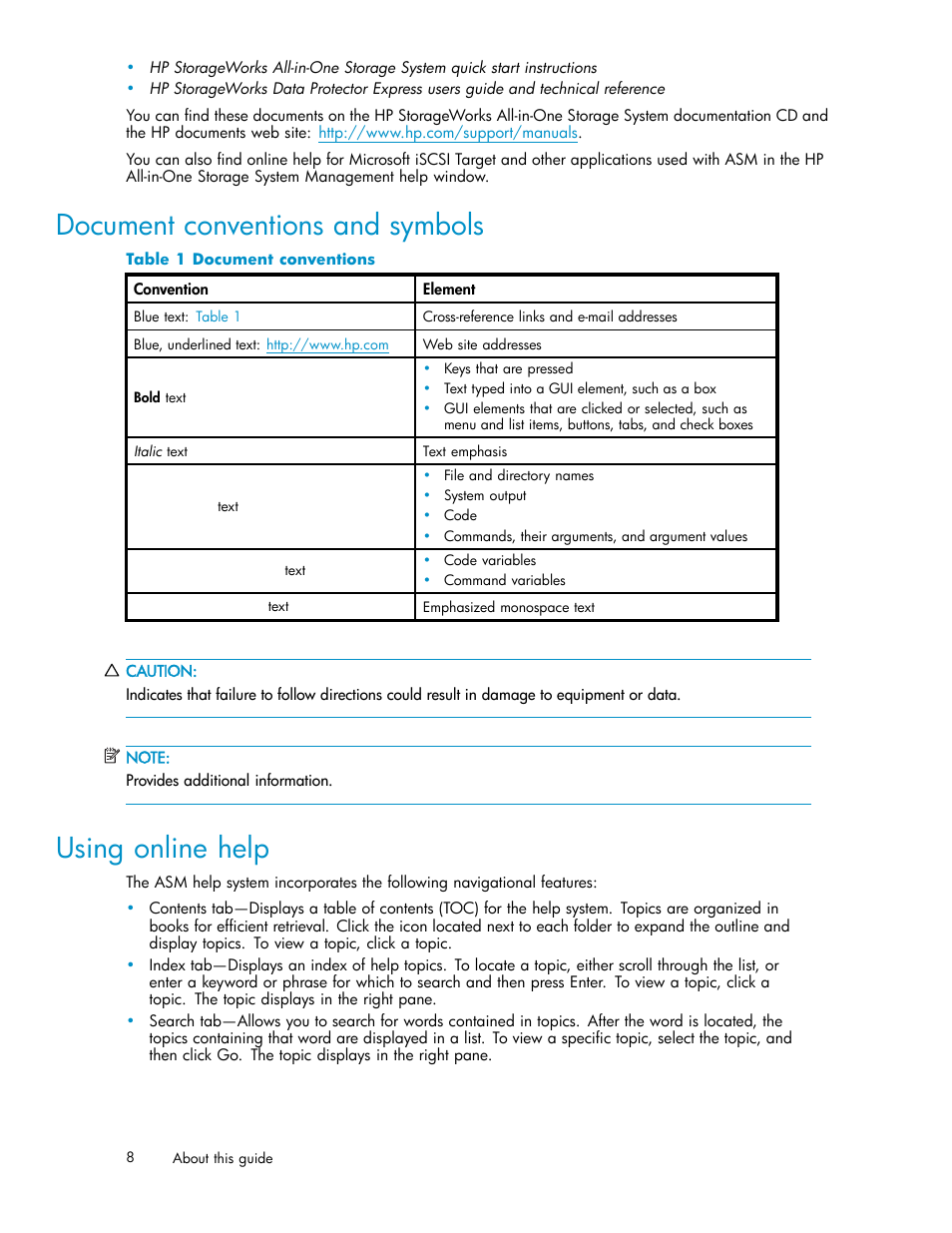 Document conventions and symbols, Using online help, 1 document conventions | HP StorageWorks All-in-One SB600c Storage Blade User Manual | Page 8 / 78
