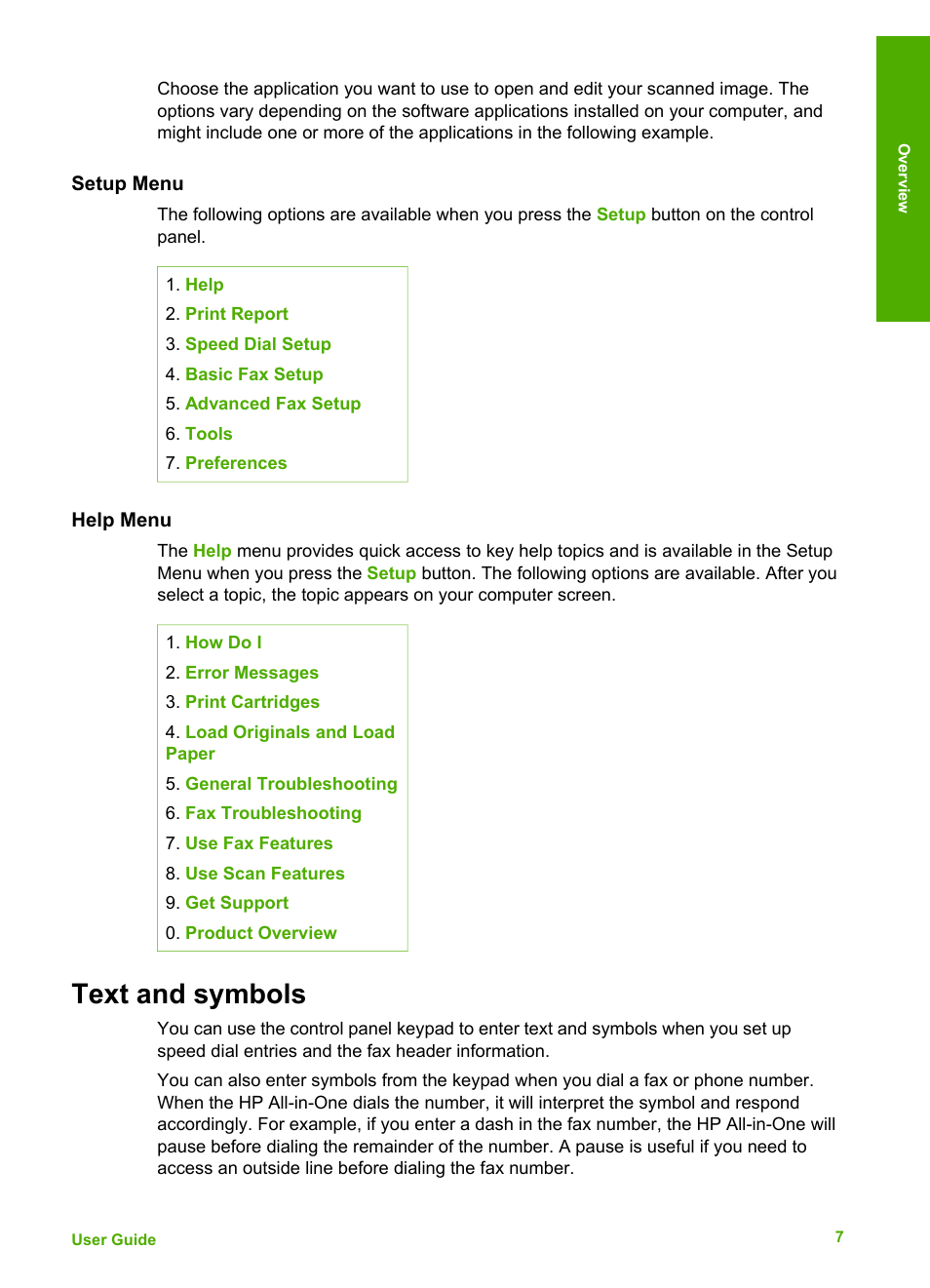 Setup menu, Help menu, Text and symbols | HP Officejet 4314 All-in-One Printer User Manual | Page 10 / 133