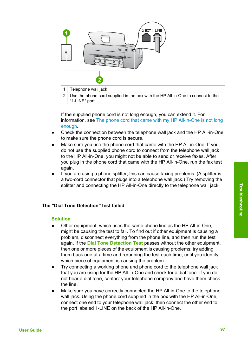 The "dial tone detection" test failed | HP Officejet 4314 All-in-One Printer User Manual | Page 100 / 133