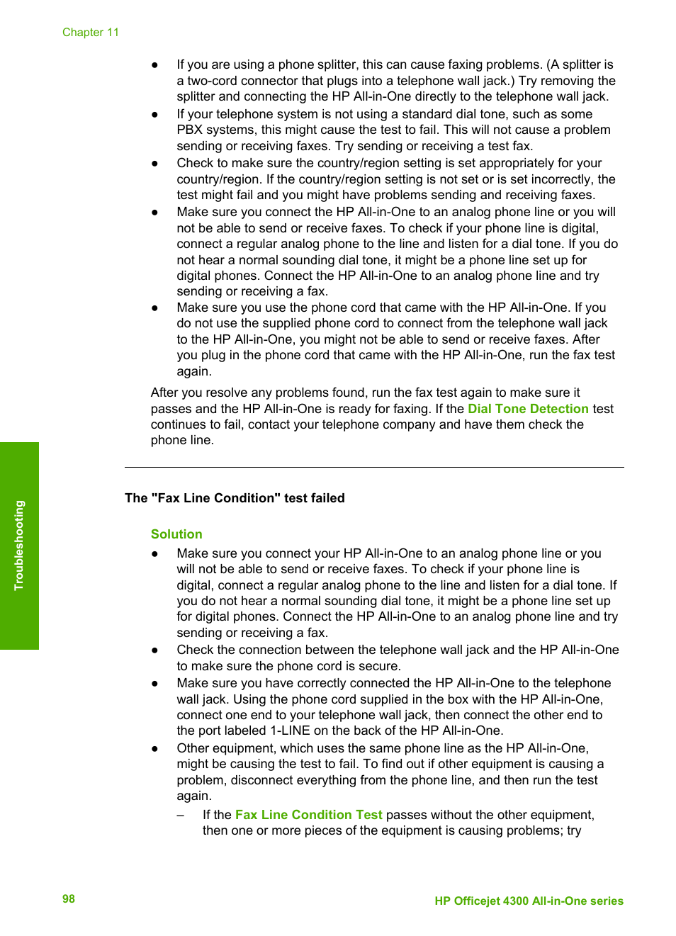 The "fax line condition" test failed | HP Officejet 4314 All-in-One Printer User Manual | Page 101 / 133