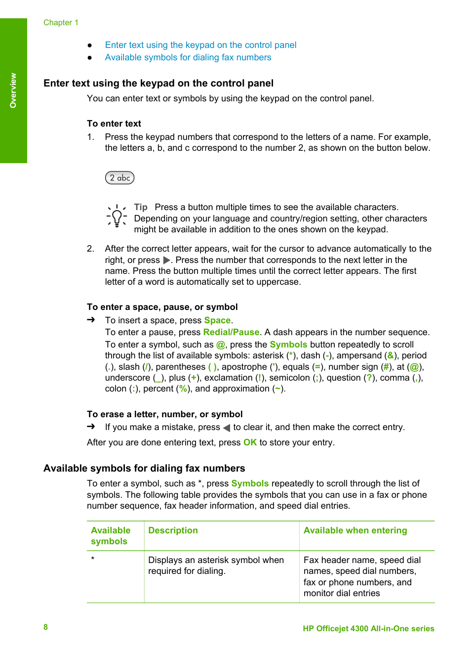 Enter text using the keypad on the control panel, Available symbols for dialing fax numbers | HP Officejet 4314 All-in-One Printer User Manual | Page 11 / 133